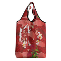 Hawaiian and Japanese Culture Together Grocery Bag Red Ohia Lehua Plumeria and Sakura Blooming - Polynesian Pride