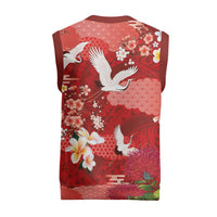 Hawaiian and Japanese Culture Together Christmas Knitted V-Neck Vest Red Ohia Lehua Plumeria and Sakura Blooming - Polynesian Pride