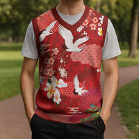 Hawaiian and Japanese Culture Together Christmas Knitted V-Neck Vest Red Ohia Lehua Plumeria and Sakura Blooming - Polynesian Pride