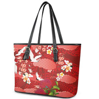 Hawaiian and Japanese Culture Together Leather Tote Bag Red Ohia Lehua Plumeria and Sakura Blooming - Polynesian Pride