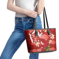 Hawaiian and Japanese Culture Together Leather Tote Bag Red Ohia Lehua Plumeria and Sakura Blooming - Polynesian Pride