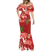 Hawaiian and Japanese Culture Together Mermaid Dress Red Ohia Lehua Plumeria and Sakura Blooming - Polynesian Pride