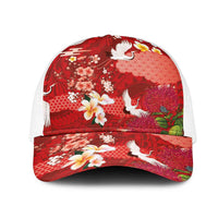 Hawaiian and Japanese Culture Together Mesh Trucker Cap Red Ohia Lehua Plumeria and Sakura Blooming - Polynesian Pride