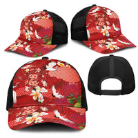 Hawaiian and Japanese Culture Together Mesh Trucker Cap Red Ohia Lehua Plumeria and Sakura Blooming - Polynesian Pride