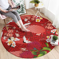 Hawaiian and Japanese Culture Together Round Carpet Red Ohia Lehua Plumeria and Sakura Blooming - Polynesian Pride