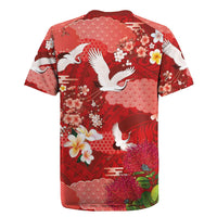 Hawaiian and Japanese Culture Together Rugby Jersey Red Ohia Lehua Plumeria and Sakura Blooming - Polynesian Pride