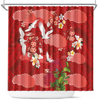 Hawaiian and Japanese Culture Together Shower Curtain Red Ohia Lehua Plumeria and Sakura Blooming - Polynesian Pride