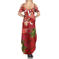 Hawaiian and Japanese Culture Together Summer Maxi Dress Red Ohia Lehua Plumeria and Sakura Blooming - Polynesian Pride