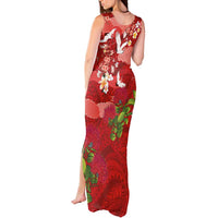 Hawaiian and Japanese Culture Together Tank Maxi Dress Red Ohia Lehua Plumeria and Sakura Blooming - Polynesian Pride