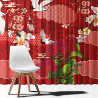Hawaiian and Japanese Culture Together Window Curtain Red Ohia Lehua Plumeria and Sakura Blooming - Polynesian Pride