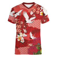 Hawaiian and Japanese Culture Together Women V-Neck T-Shirt Red Ohia Lehua Plumeria and Sakura Blooming - Polynesian Pride