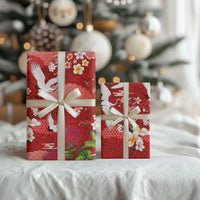 Hawaiian and Japanese Culture Together Wrapping Paper Red Ohia Lehua Plumeria and Sakura Blooming - Polynesian Pride