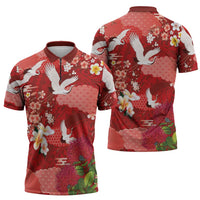 Hawaiian and Japanese Culture Together Zipper Polo Shirt Red Ohia Lehua Plumeria and Sakura Blooming - Polynesian Pride
