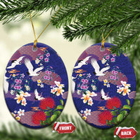 Hawaiian and Japanese Culture Together Ceramic Ornament Blue Ohia Lehua Plumeria and Sakura Blooming - Polynesian Pride