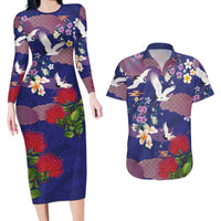 Hawaiian and Japanese Culture Together Couples Matching Long Sleeve Bodycon Dress and Hawaiian Shirt Blue Ohia Lehua Plumeria and Sakura Blooming - Polynesian Pride