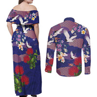 Hawaiian and Japanese Culture Together Couples Matching Off Shoulder Maxi Dress and Long Sleeve Button Shirt Blue Ohia Lehua Plumeria and Sakura Blooming - Polynesian Pride