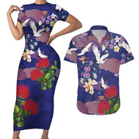 Hawaiian and Japanese Culture Together Couples Matching Short Sleeve Bodycon Dress and Hawaiian Shirt Blue Ohia Lehua Plumeria and Sakura Blooming - Polynesian Pride
