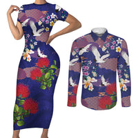 Hawaiian and Japanese Culture Together Couples Matching Short Sleeve Bodycon Dress and Long Sleeve Button Shirt Blue Ohia Lehua Plumeria and Sakura Blooming - Polynesian Pride