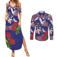 Hawaiian and Japanese Culture Together Couples Matching Summer Maxi Dress and Long Sleeve Button Shirt Blue Ohia Lehua Plumeria and Sakura Blooming - Polynesian Pride