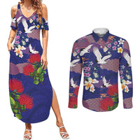 Hawaiian and Japanese Culture Together Couples Matching Summer Maxi Dress and Long Sleeve Button Shirt Blue Ohia Lehua Plumeria and Sakura Blooming - Polynesian Pride