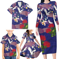 Hawaiian and Japanese Culture Together Family Matching Long Sleeve Bodycon Dress and Hawaiian Shirt Blue Ohia Lehua Plumeria and Sakura Blooming - Polynesian Pride