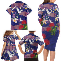 Hawaiian and Japanese Culture Together Family Matching Long Sleeve Bodycon Dress and Hawaiian Shirt Blue Ohia Lehua Plumeria and Sakura Blooming - Polynesian Pride