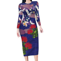 Hawaiian and Japanese Culture Together Family Matching Long Sleeve Bodycon Dress and Hawaiian Shirt Blue Ohia Lehua Plumeria and Sakura Blooming - Polynesian Pride