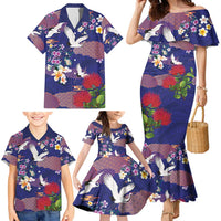 Hawaiian and Japanese Culture Together Family Matching Mermaid Dress and Hawaiian Shirt Blue Ohia Lehua Plumeria and Sakura Blooming - Polynesian Pride