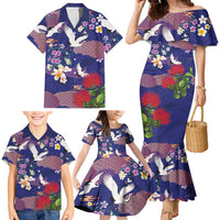 Hawaiian and Japanese Culture Together Family Matching Mermaid Dress and Hawaiian Shirt Blue Ohia Lehua Plumeria and Sakura Blooming - Polynesian Pride