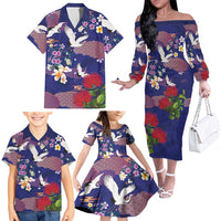 Hawaiian and Japanese Culture Together Family Matching Off The Shoulder Long Sleeve Dress and Hawaiian Shirt Blue Ohia Lehua Plumeria and Sakura Blooming - Polynesian Pride