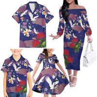 Hawaiian and Japanese Culture Together Family Matching Off The Shoulder Long Sleeve Dress and Hawaiian Shirt Blue Ohia Lehua Plumeria and Sakura Blooming - Polynesian Pride