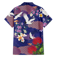Hawaiian and Japanese Culture Together Family Matching Off The Shoulder Long Sleeve Dress and Hawaiian Shirt Blue Ohia Lehua Plumeria and Sakura Blooming - Polynesian Pride