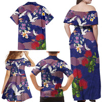 Hawaiian and Japanese Culture Together Family Matching Off Shoulder Maxi Dress and Hawaiian Shirt Blue Ohia Lehua Plumeria and Sakura Blooming - Polynesian Pride