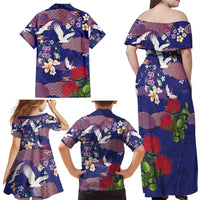Hawaiian and Japanese Culture Together Family Matching Off Shoulder Maxi Dress and Hawaiian Shirt Blue Ohia Lehua Plumeria and Sakura Blooming - Polynesian Pride