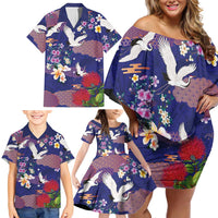 Hawaiian and Japanese Culture Together Family Matching Off Shoulder Short Dress and Hawaiian Shirt Blue Ohia Lehua Plumeria and Sakura Blooming - Polynesian Pride