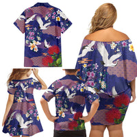 Hawaiian and Japanese Culture Together Family Matching Off Shoulder Short Dress and Hawaiian Shirt Blue Ohia Lehua Plumeria and Sakura Blooming - Polynesian Pride