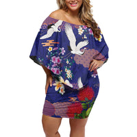 Hawaiian and Japanese Culture Together Family Matching Off Shoulder Short Dress and Hawaiian Shirt Blue Ohia Lehua Plumeria and Sakura Blooming - Polynesian Pride