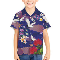 Hawaiian and Japanese Culture Together Family Matching Off Shoulder Short Dress and Hawaiian Shirt Blue Ohia Lehua Plumeria and Sakura Blooming - Polynesian Pride