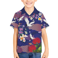 Hawaiian and Japanese Culture Together Family Matching Off Shoulder Short Dress and Hawaiian Shirt Blue Ohia Lehua Plumeria and Sakura Blooming - Polynesian Pride