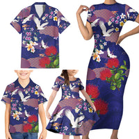 Hawaiian and Japanese Culture Together Family Matching Short Sleeve Bodycon Dress and Hawaiian Shirt Blue Ohia Lehua Plumeria and Sakura Blooming - Polynesian Pride