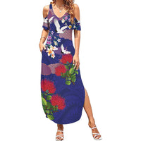 Hawaiian and Japanese Culture Together Family Matching Summer Maxi Dress and Hawaiian Shirt Blue Ohia Lehua Plumeria and Sakura Blooming - Polynesian Pride