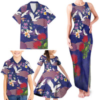 Hawaiian and Japanese Culture Together Family Matching Tank Maxi Dress and Hawaiian Shirt Blue Ohia Lehua Plumeria and Sakura Blooming - Polynesian Pride