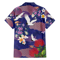 Hawaiian and Japanese Culture Together Family Matching Tank Maxi Dress and Hawaiian Shirt Blue Ohia Lehua Plumeria and Sakura Blooming - Polynesian Pride
