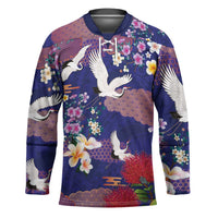 Hawaiian and Japanese Culture Together Hockey Jersey Blue Ohia Lehua Plumeria and Sakura Blooming - Polynesian Pride