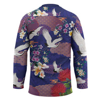 Hawaiian and Japanese Culture Together Hockey Jersey Blue Ohia Lehua Plumeria and Sakura Blooming - Polynesian Pride