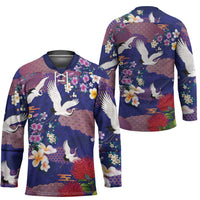 Hawaiian and Japanese Culture Together Hockey Jersey Blue Ohia Lehua Plumeria and Sakura Blooming - Polynesian Pride