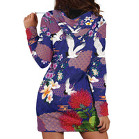 Hawaiian and Japanese Culture Together Hoodie Dress Blue Ohia Lehua Plumeria and Sakura Blooming - Polynesian Pride