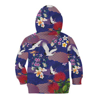 Hawaiian and Japanese Culture Together Kid Hoodie Blue Ohia Lehua Plumeria and Sakura Blooming - Polynesian Pride