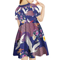 Hawaiian and Japanese Culture Together Kid Short Sleeve Dress Blue Ohia Lehua Plumeria and Sakura Blooming - Polynesian Pride