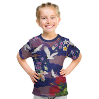 Hawaiian and Japanese Culture Together Kid T Shirt Blue Ohia Lehua Plumeria and Sakura Blooming - Polynesian Pride